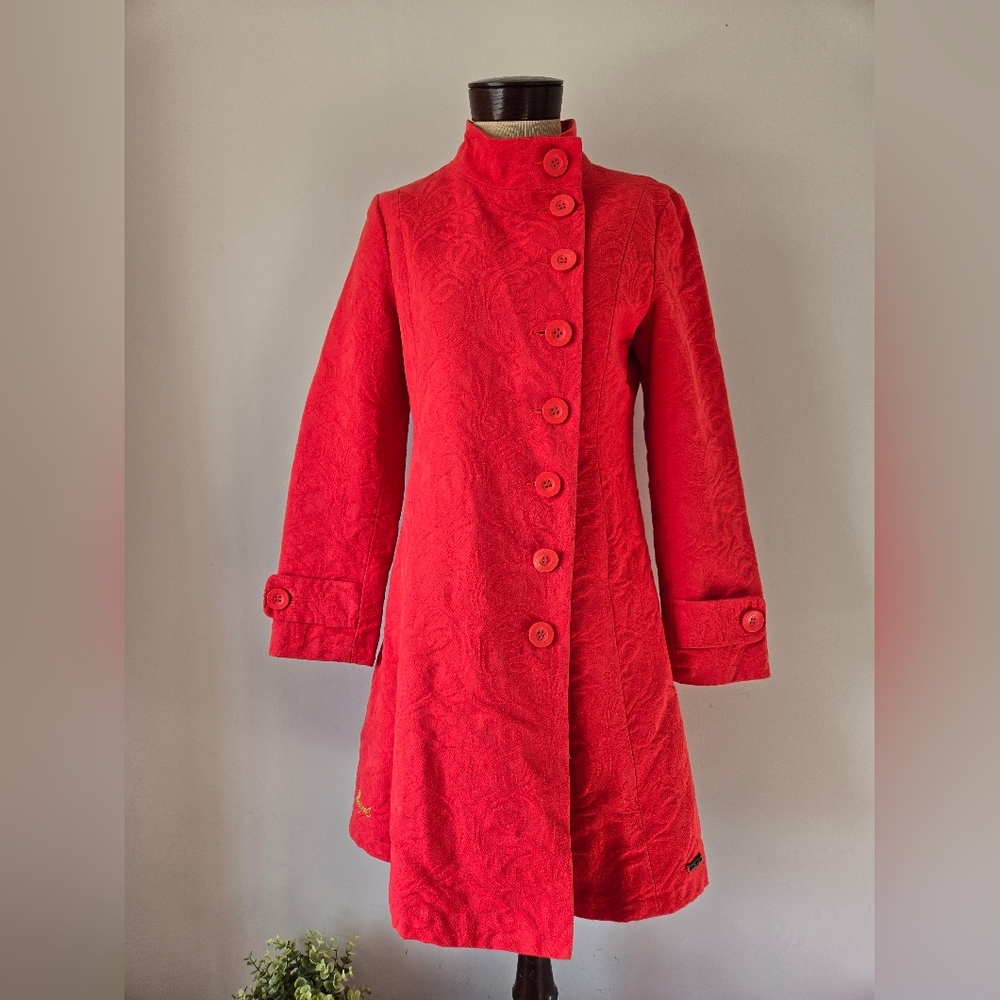 Desigual Peachy Red A Line  Floral Cotton Coat. Size 40 / Medium/ 8